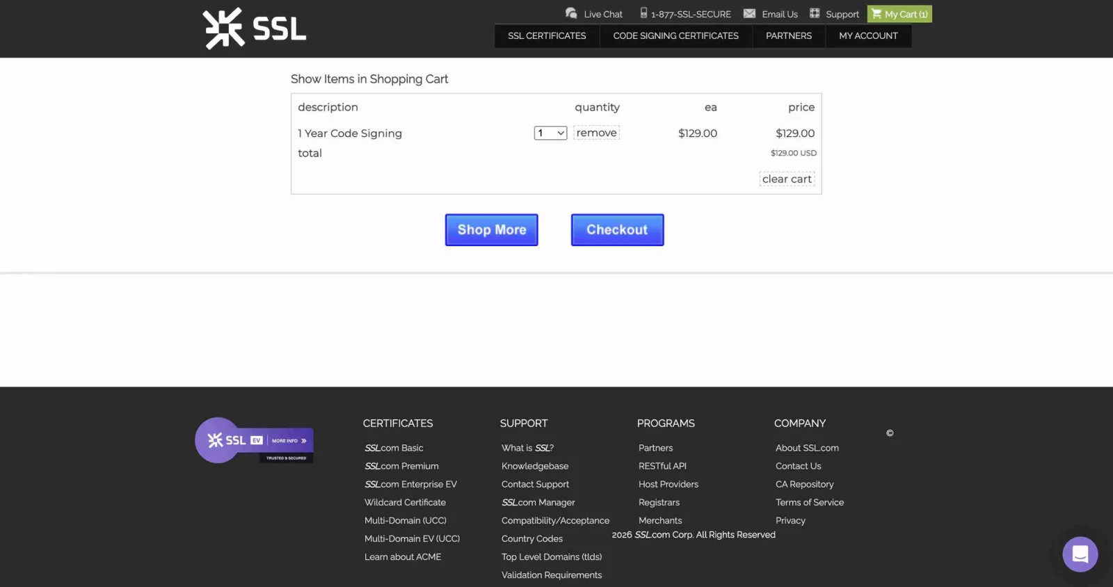 SSL.com shopping cart showing one line item: 1 Year Code Signing, $129.00, total $129.00 USD, with a Checkout button
