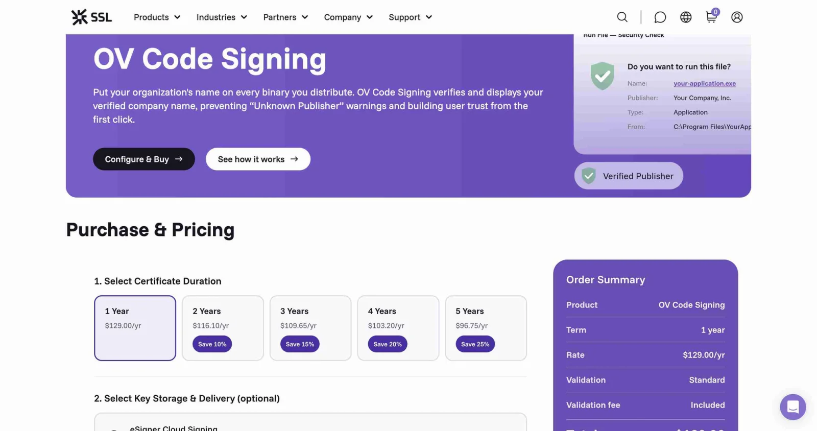 SSL.com OV Code Signing product page: prevents Unknown Publisher warnings, 1 Year selected at $129.00, order summary showing OV Code Signing, 1 year, validation included