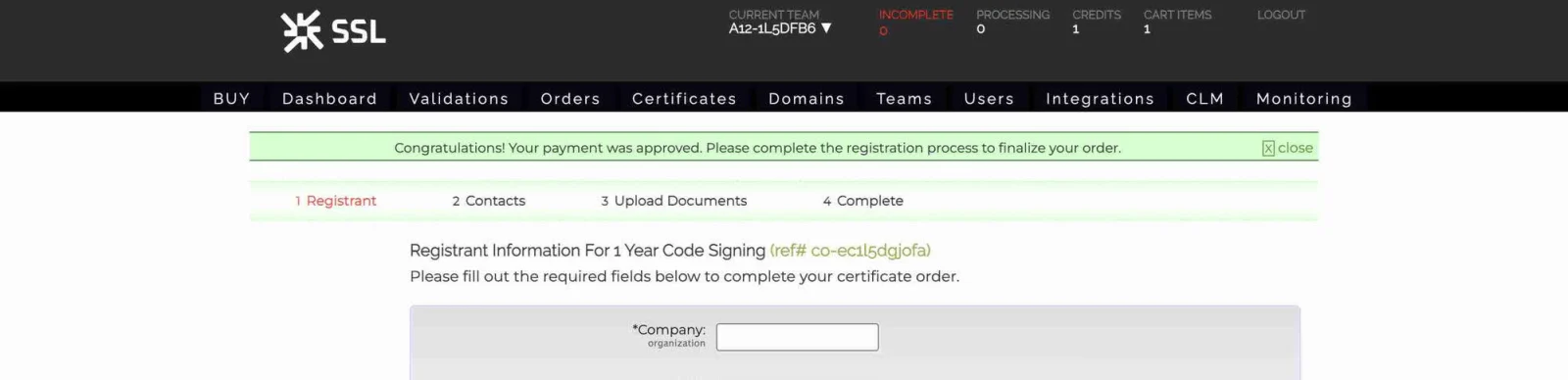 SSL.com dashboard with a green banner reading Congratulations! Your payment was approved, above the Registrant Information step for 1 Year Code Signing